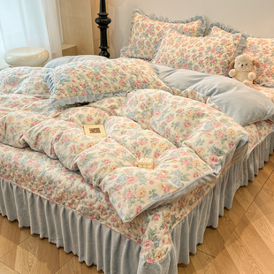 韩式碎花牛奶绒四件套床盖款2025新款床品套件公主风被套加棉床单