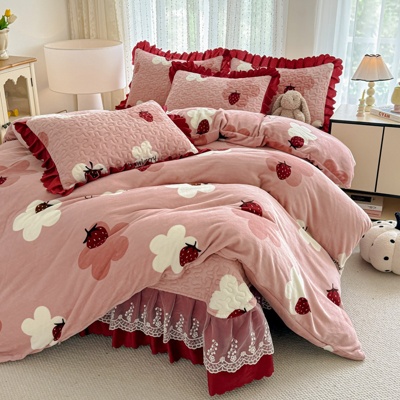 2025新款牛奶绒加厚床盖四件套保暖床裙床罩4件套床上用品冬季