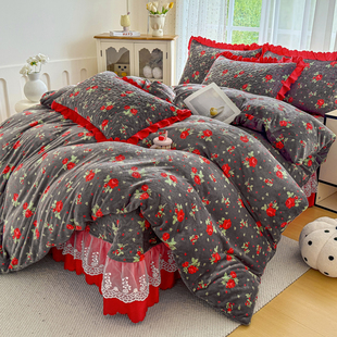 2025新款冬季牛奶绒四件套加厚床盖公主风4件套床上用品防静电
