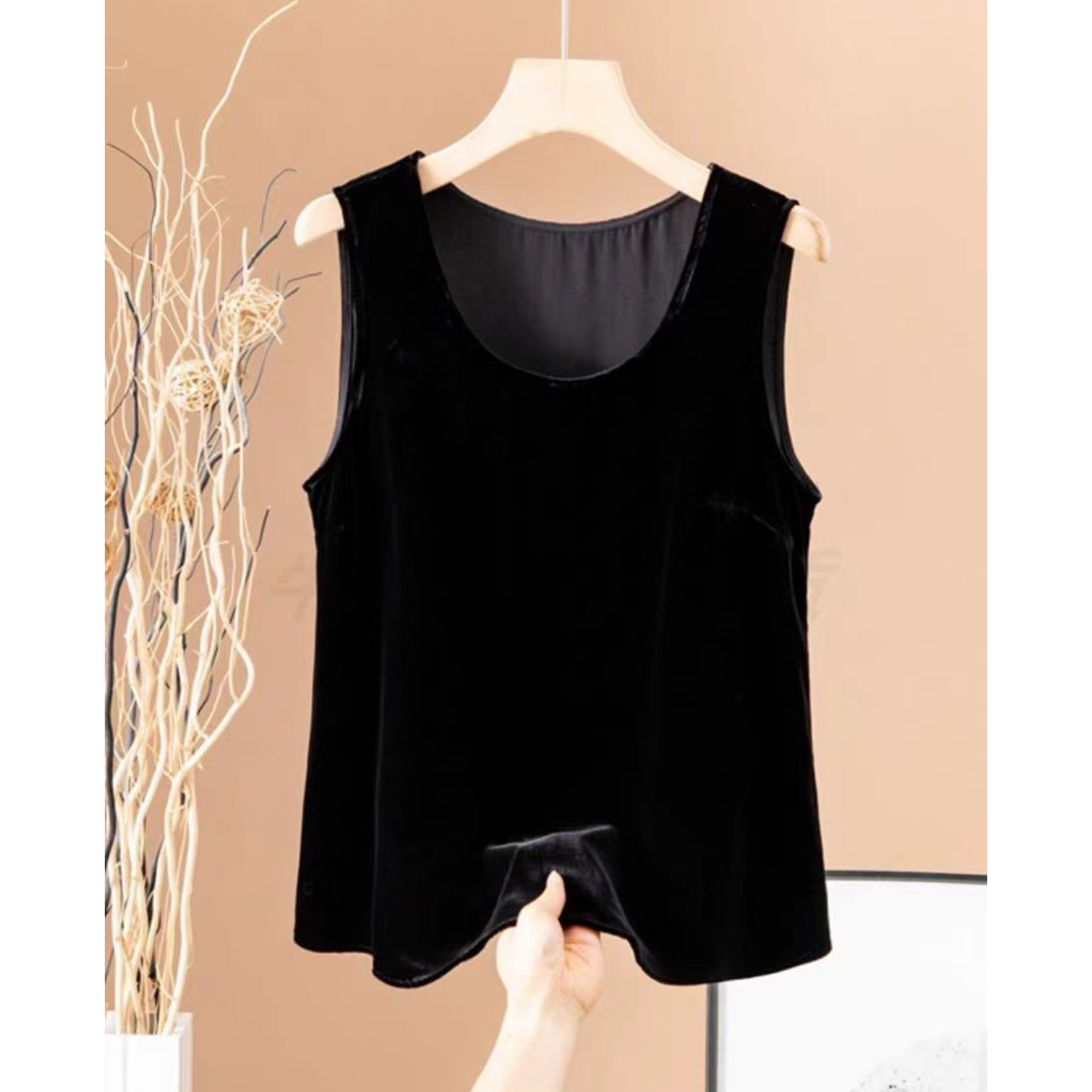 真丝丝绒无袖圆领背心打底上衣显瘦百搭女士