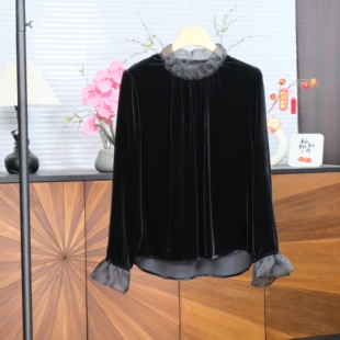 真丝丝绒气质减龄欧根纱拼接立领长袖上衣26春秋