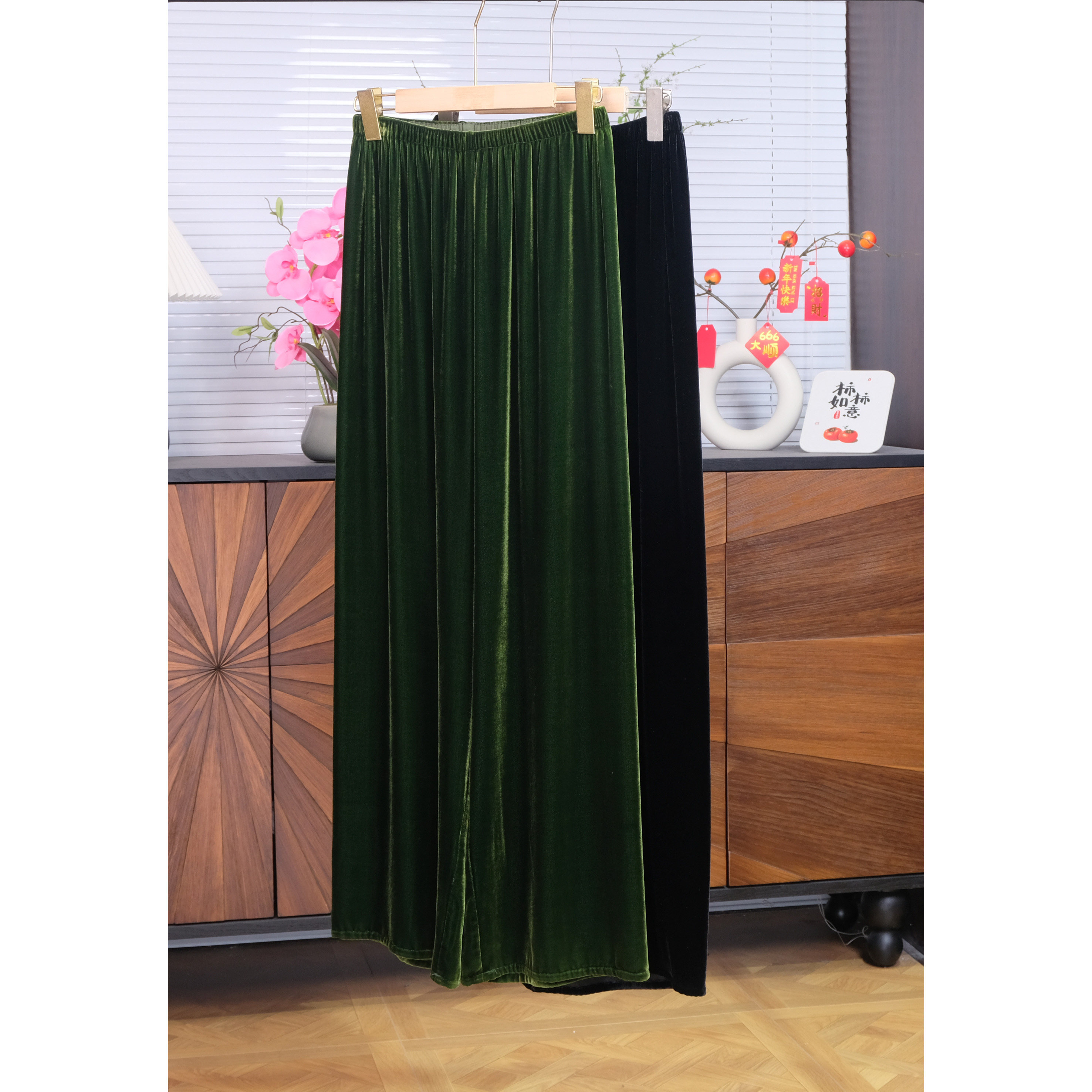 真丝丝绒一片式裁剪阔腿裤女松紧腰宽松显瘦垂感直筒长裤休闲裤