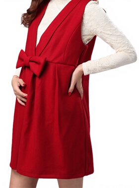 轻熟简约风红色蝴蝶结背心裙女V领无袖马甲裙中款百搭大码孕妇装