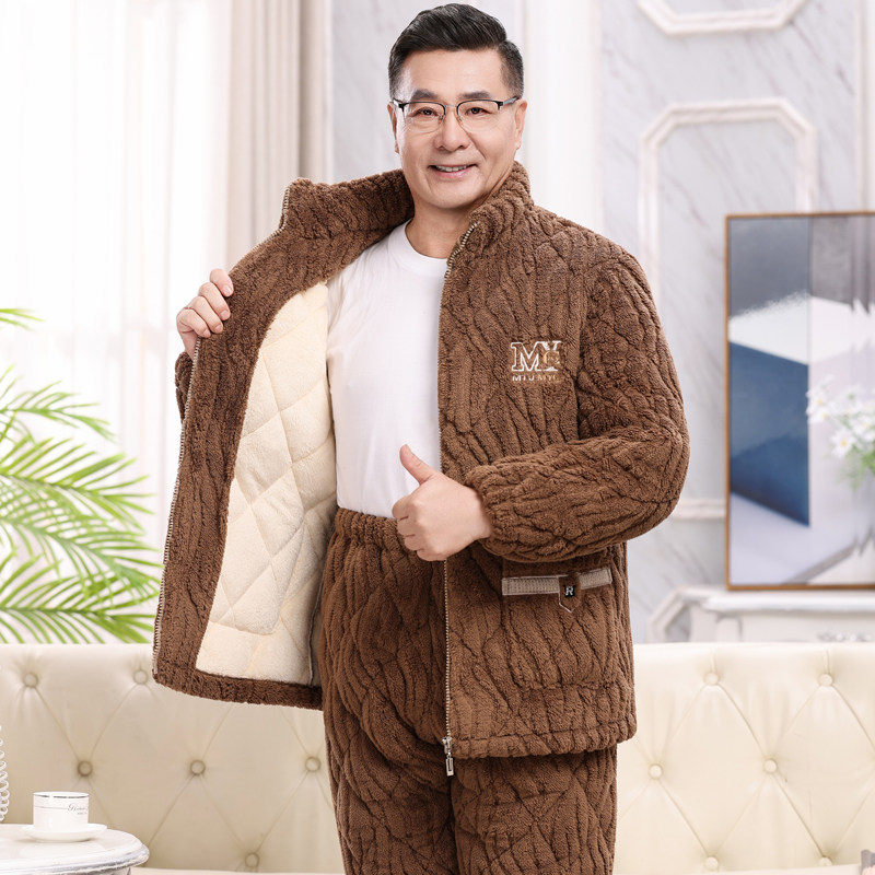 中老年爸爸装冬季三层加厚夹棉睡衣套装家居服老人棉衣加厚棉袄男
