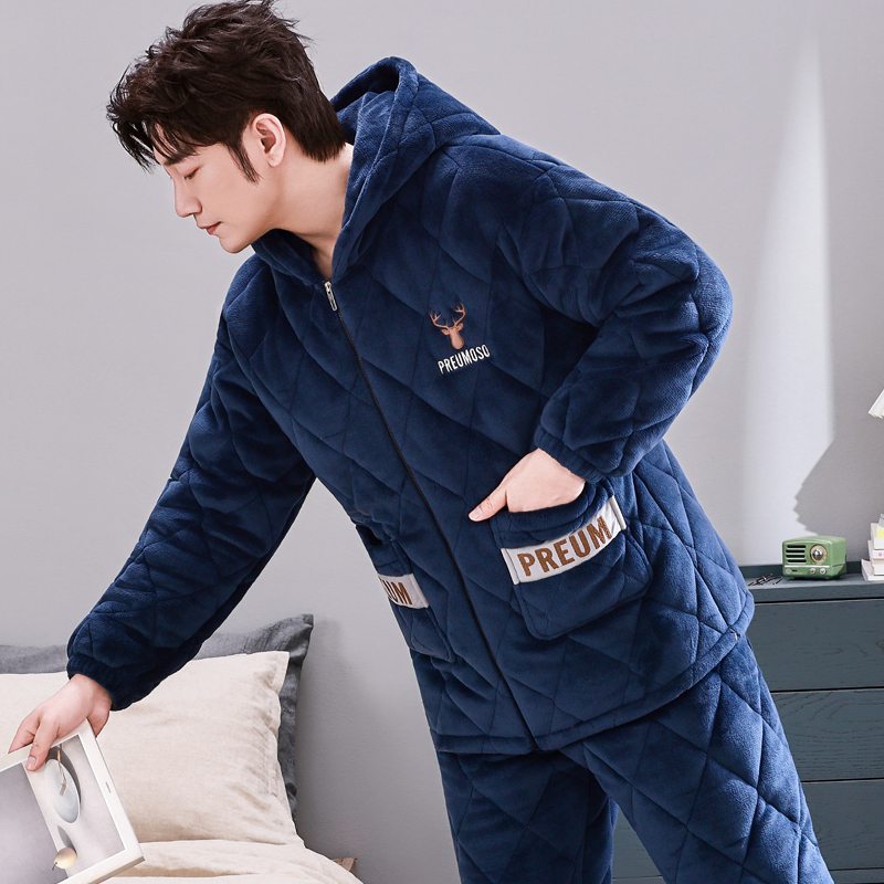 睡衣男秋冬季三层加厚夹棉睡衣青年家居服学生连帽中老年法兰绒男