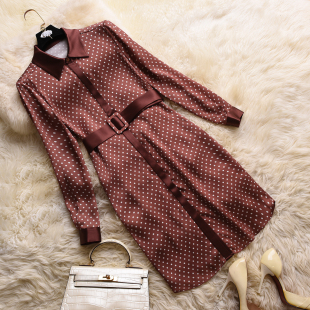 醋酸连衣裙 咖啡色2023年新款 花田香雪 复古波点收腰显瘦设计