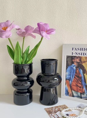 法式中古玻璃花瓶黑色轻奢高级感客厅小众桌面摆件插花水培鲜花