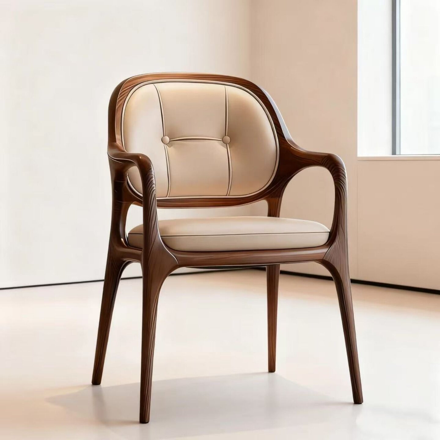 意式设计师款胡桃木实木餐椅复古扶手椅书房真皮休闲椅靠背椅茶椅