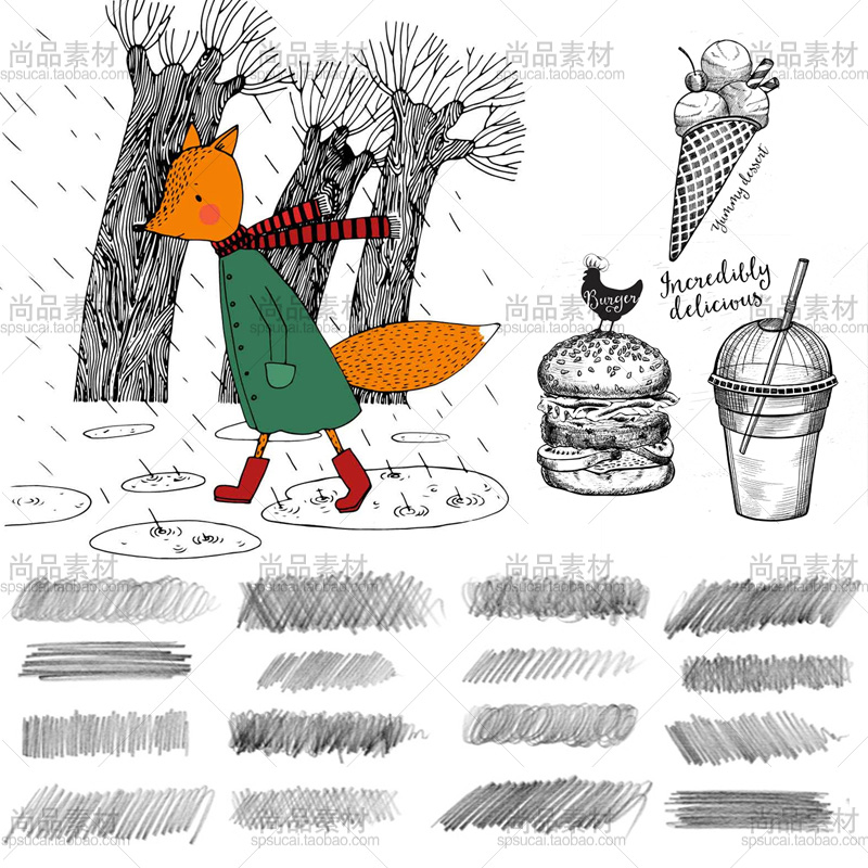 ps笔刷水彩手绘生草图素描铅笔素材人物景物绘画彩铅画笔勾线预设