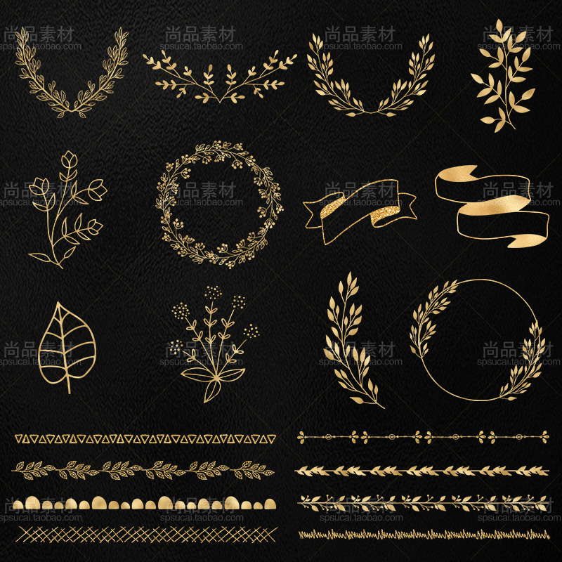 金色边框背景花纹装饰图案花边树叶花卉海报设计png免抠图素材图