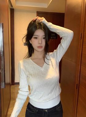 宅女家新款米白色V领麻花长袖套头毛衣女装秋季小众百搭针织衫