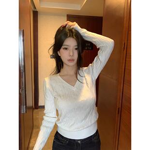 宅女家新款米白色V领麻花长袖套头毛衣女装秋季小众百搭针织衫