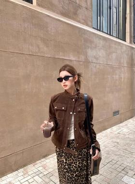 宅女家辣妹风美式咖色单排扣长袖外套女装秋季气质显瘦夹克上衣