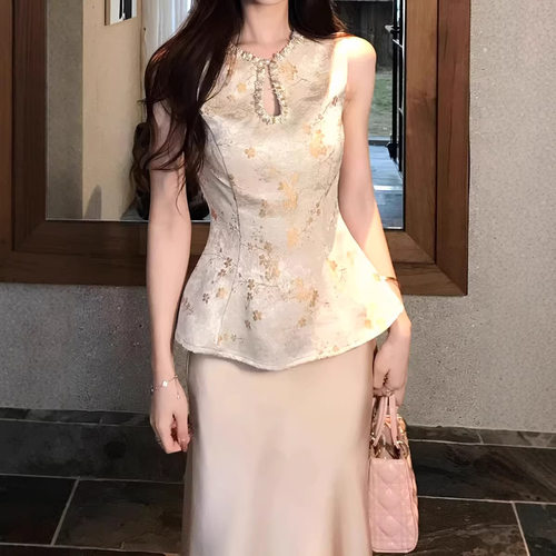 木子李的李新中式高级缎面提花无袖收腰马甲上衣垂感半身裙套装夏