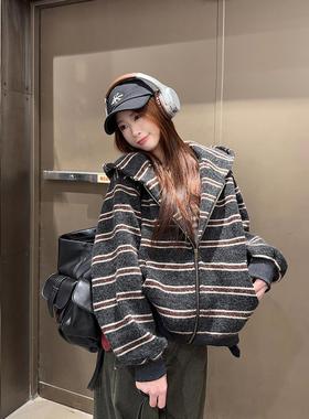 宅女家慵懒风撞色条纹连帽长袖卫衣女秋季百搭宽松显瘦休闲上衣