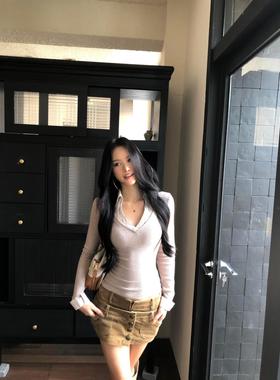 宅女家辣妹风燕麦色假两件长袖T恤女秋季百搭气质显瘦休闲上衣