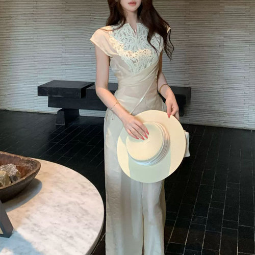 木子李的李设计感蕾丝拼接微透网纱系带上衣天丝垂感阔腿裤套装女