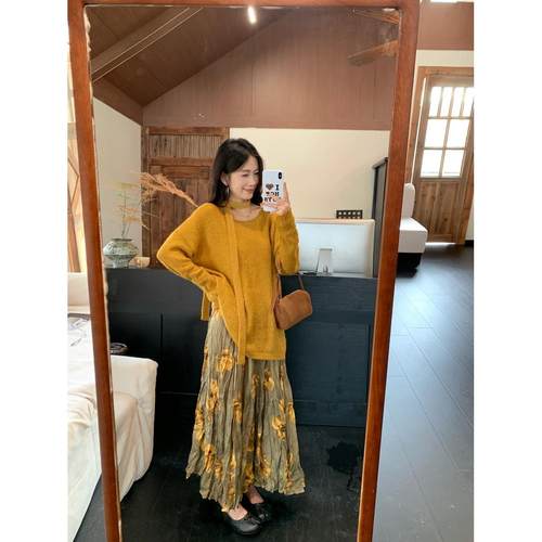 宅女家气质套装圆领宽松长袖毛衣女装秋季高腰碎花半身裙两件套