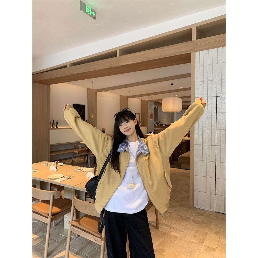 宅女家设计感撞色格子气质宽松长袖外套女秋季显瘦百搭减龄上衣