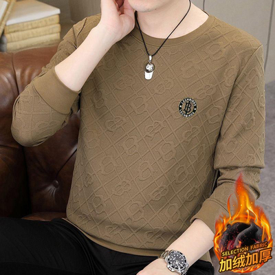 新款宽松休闲百搭加绒加厚长袖t恤圆领时尚提花保暖卫衣男士上衣