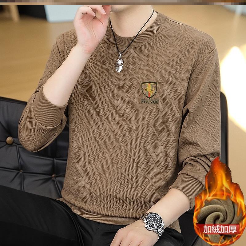 加绒加厚男士提花圆领卫衣秋冬季新款潮流长袖t恤休闲上衣打底衫