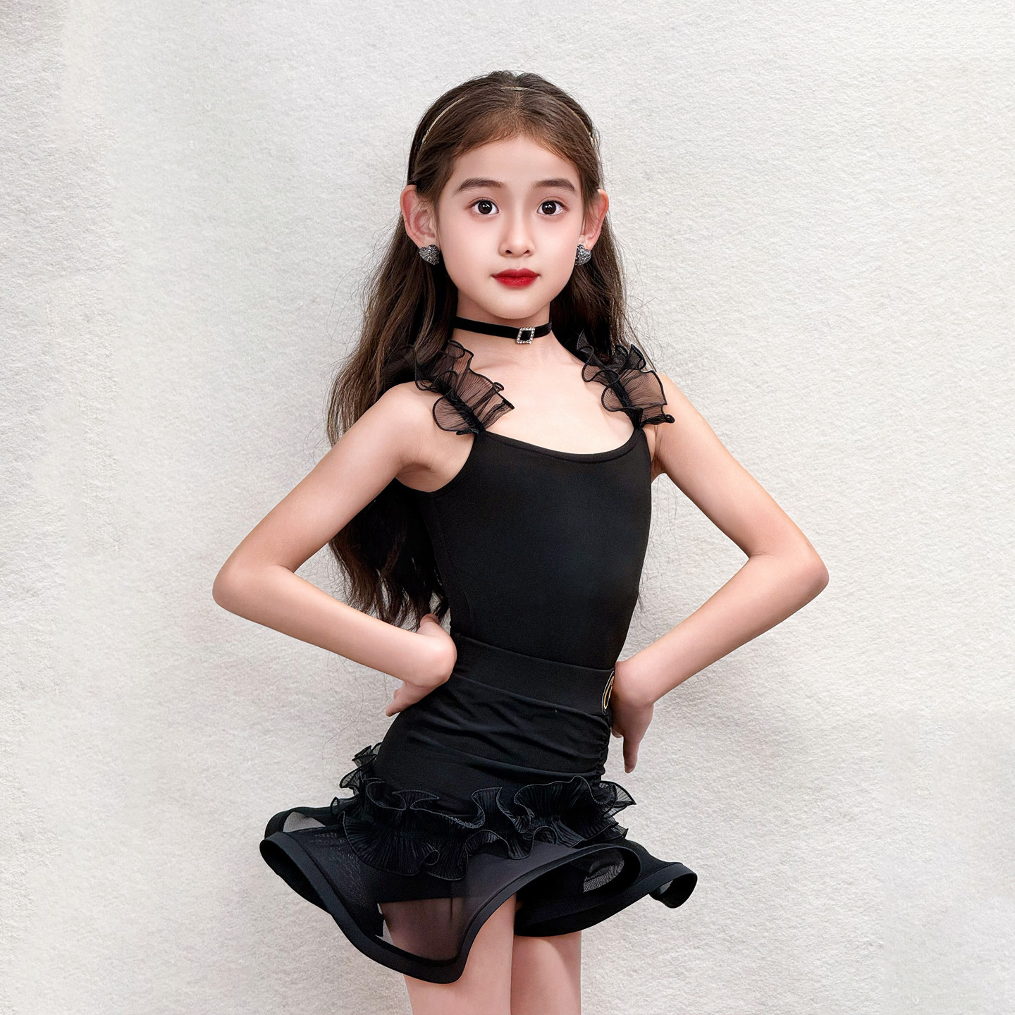 康尼夏季拉丁舞服装女跳国标舞蹈练功服儿童表演出吊带舞衣黑色裙