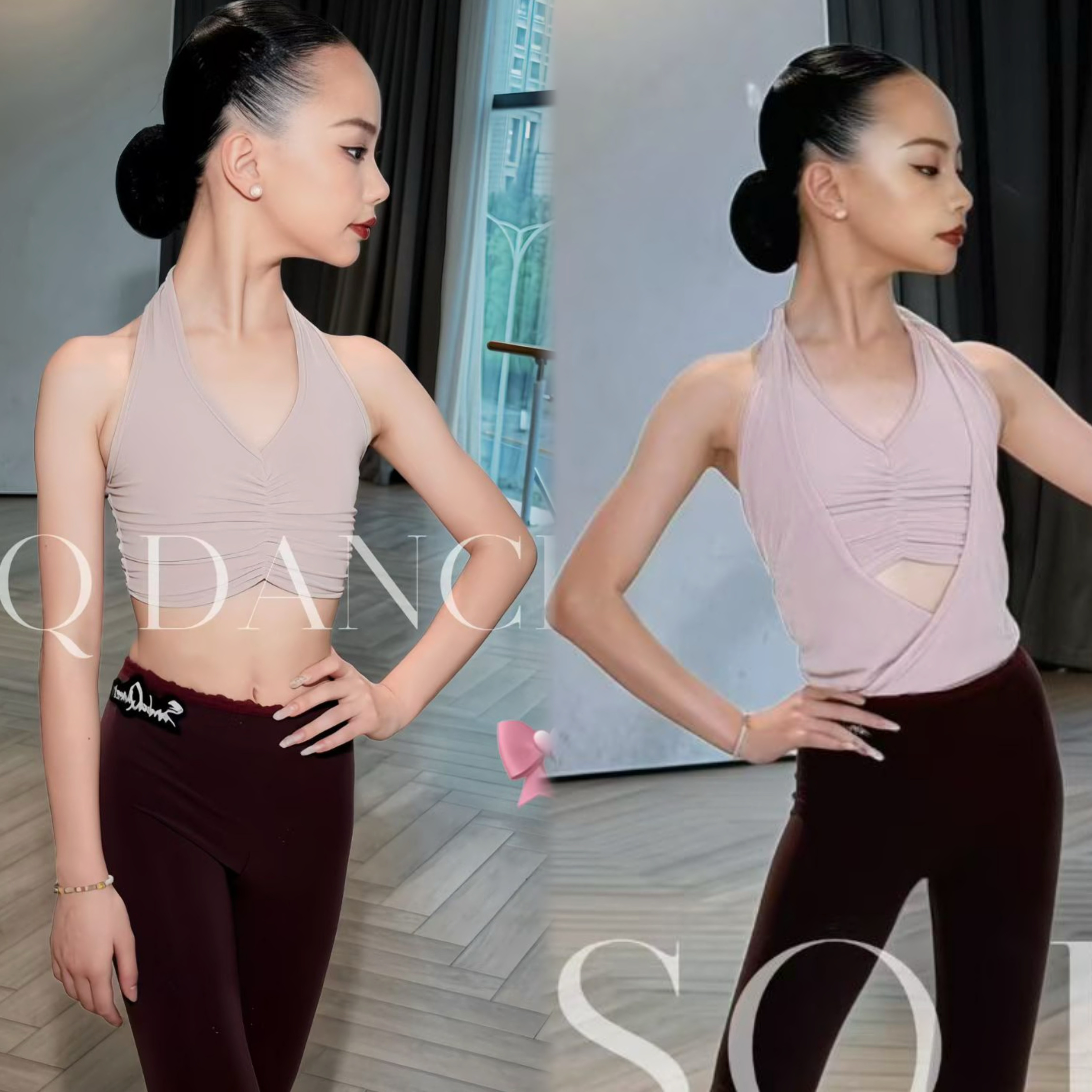 SQ舞服少儿拉丁舞葡萄色拼色罩衫挂脖吊带喇叭裤子练习服女童跳舞