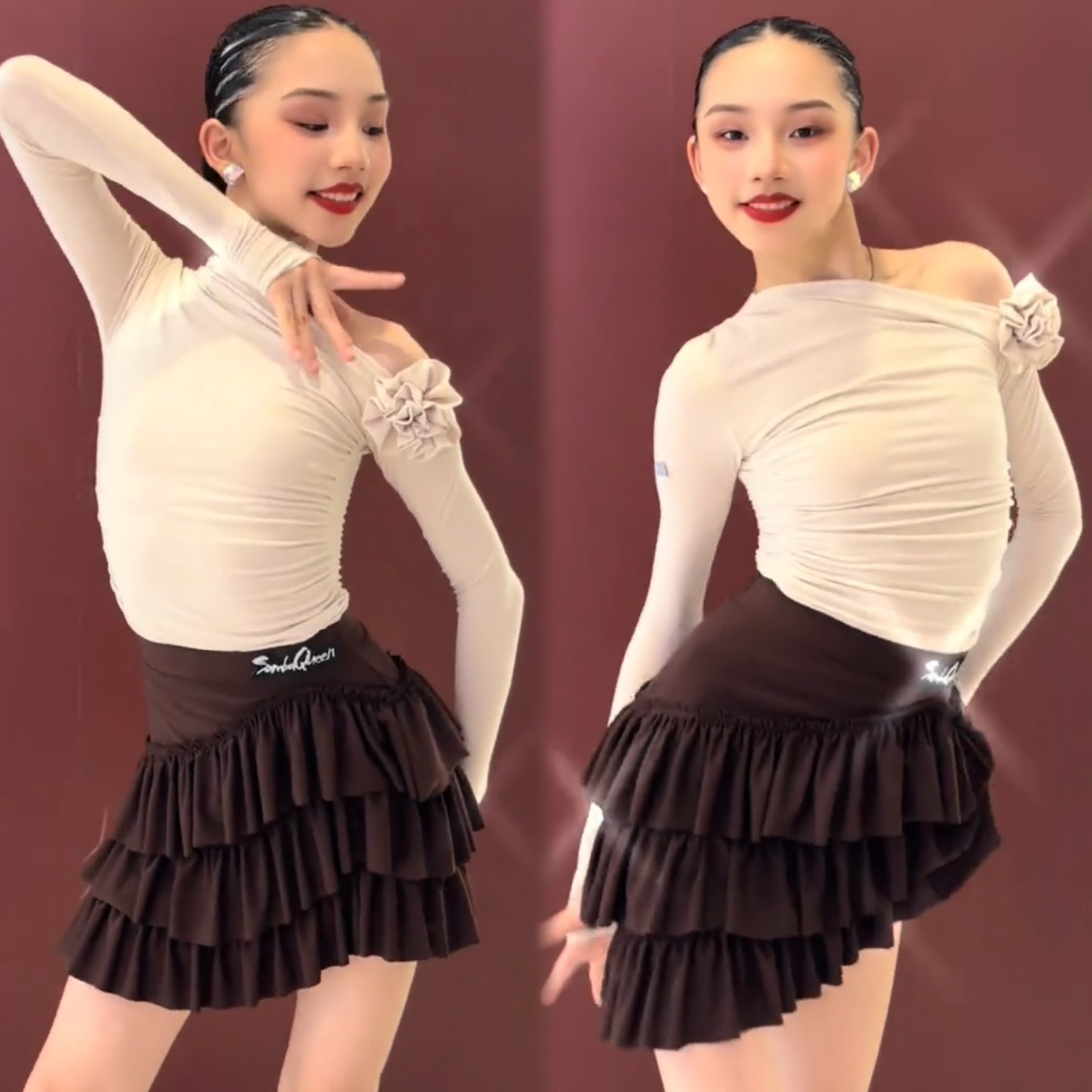 SQ舞服少儿拉丁舞秋冬长袖花朵蛋糕2026练习服女童跳舞露肩集训