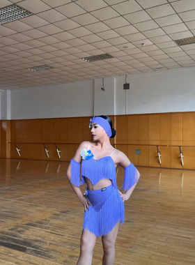 Mr舞服拉丁舞女士流苏五件套头花臂换蓝色套装练习服比赛服