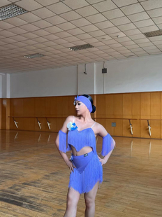 Mr舞服拉丁舞女士流苏五件套头花臂换蓝色套装练习服比赛服