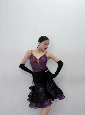 Jacks国标拉丁舞女士露背手套大裙摆鱼骨紫色亮光演出服练习服