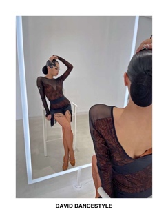 David舞服拉丁舞女秋冬网纱性感流苏裙套装练习服艺考服棕花设计