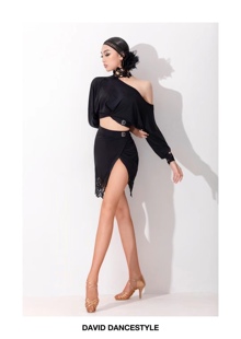 David舞服拉丁舞女士高级挂脖长袖宽松练习服睫毛开叉包裙半裙