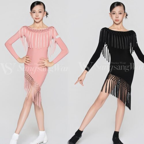 sswang舞服少儿拉丁舞秋冬手工编织长袖连衣裙练习服网格腰带围裙