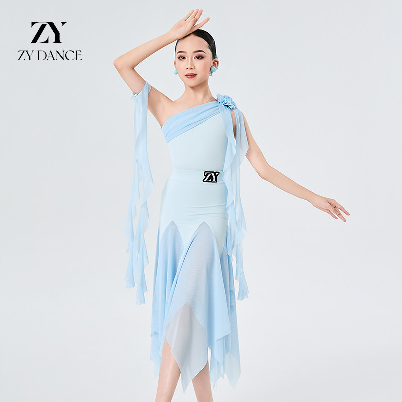 ZY舞服拉丁舞服女童摩登裙飘纱练功服演出服专业比赛服套装