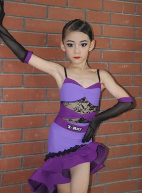 X-ray舞服少儿拉丁舞紫色吊带手套演出服练习服套装恰恰伦巴表演