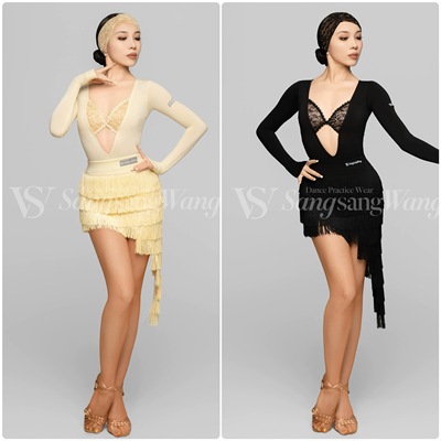sswang舞服拉丁舞女士深V蕾丝长袖不规则流苏斜裙练习服专业跳舞