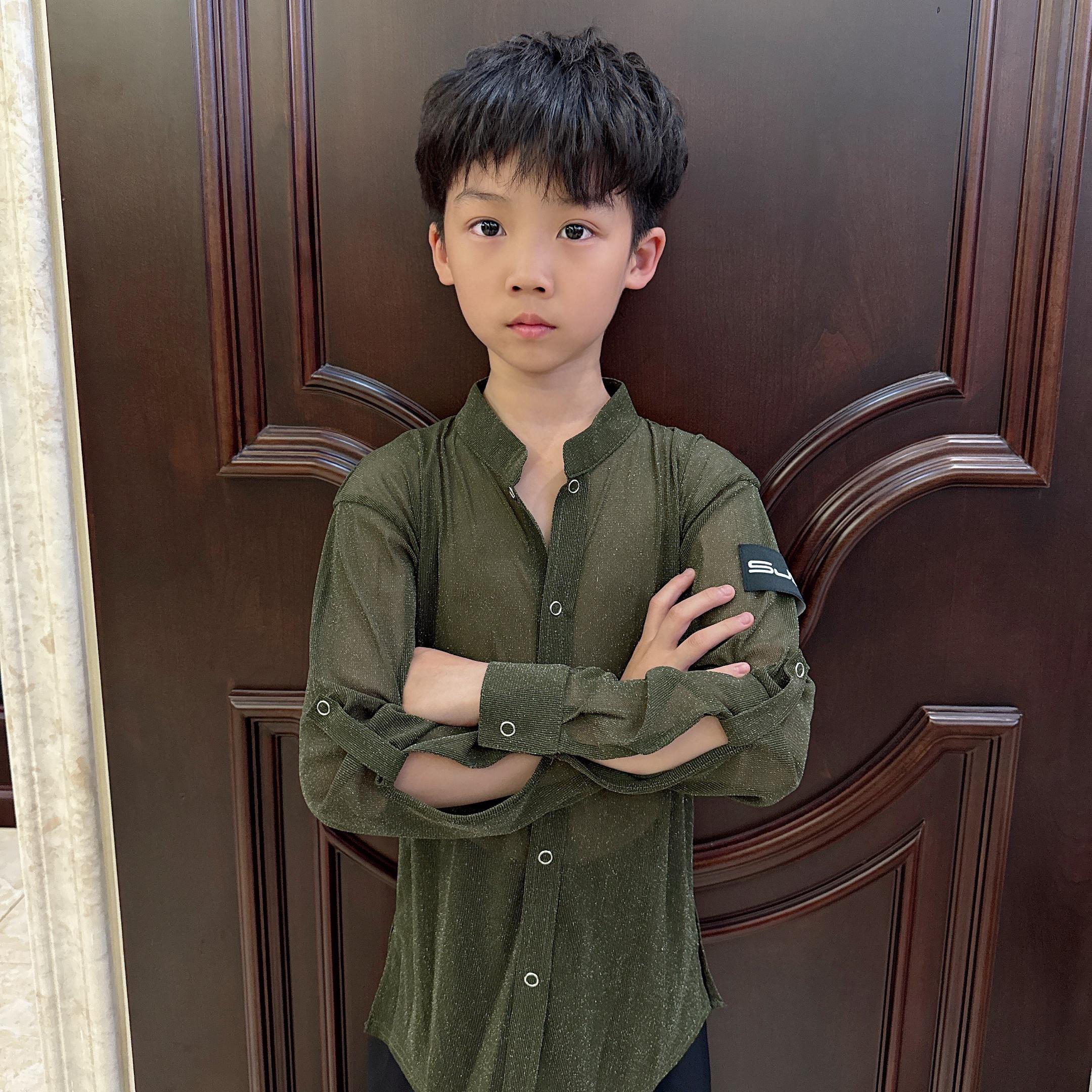 盛佳舞服拉丁舞国标舞男生韩式网纱衬衣韩国银丝