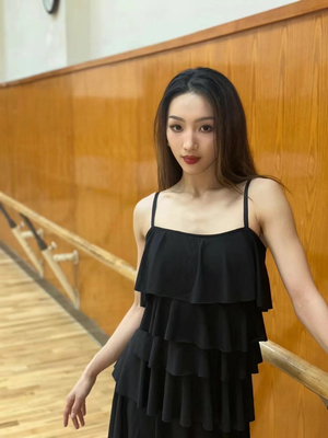 Hazel舞服拉丁舞女士荷叶吊带遮肉手套练习服套装伦巴恰恰专业