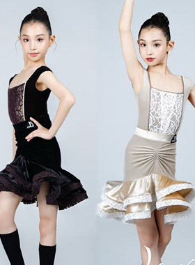 Level舞服少儿拉丁舞精致南法公主无袖坎肩方领套装女童跳舞