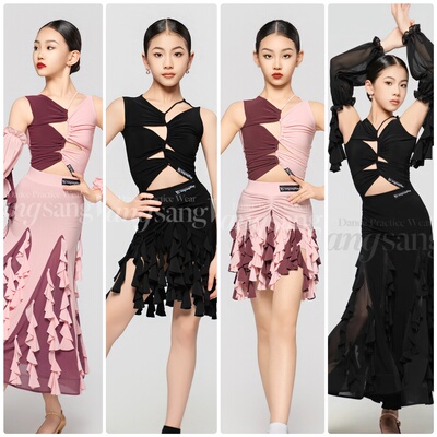 sswang舞服少儿拉丁舞粉紫撞色不规则抽绳无袖荷叶流苏练习服女童