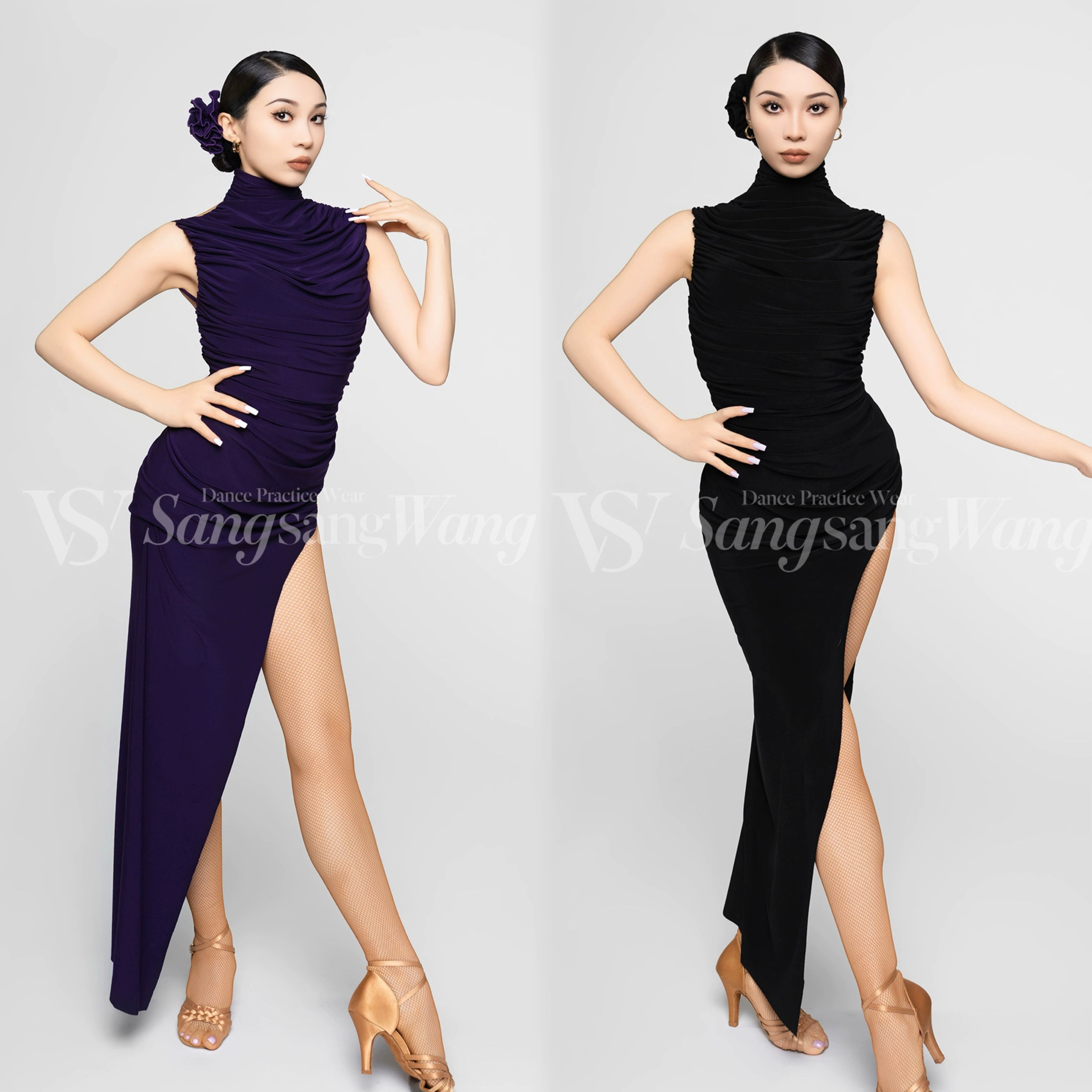 sswang舞服拉丁舞您女士桑老师精致高领堆褶长款连衣裙练习服头花