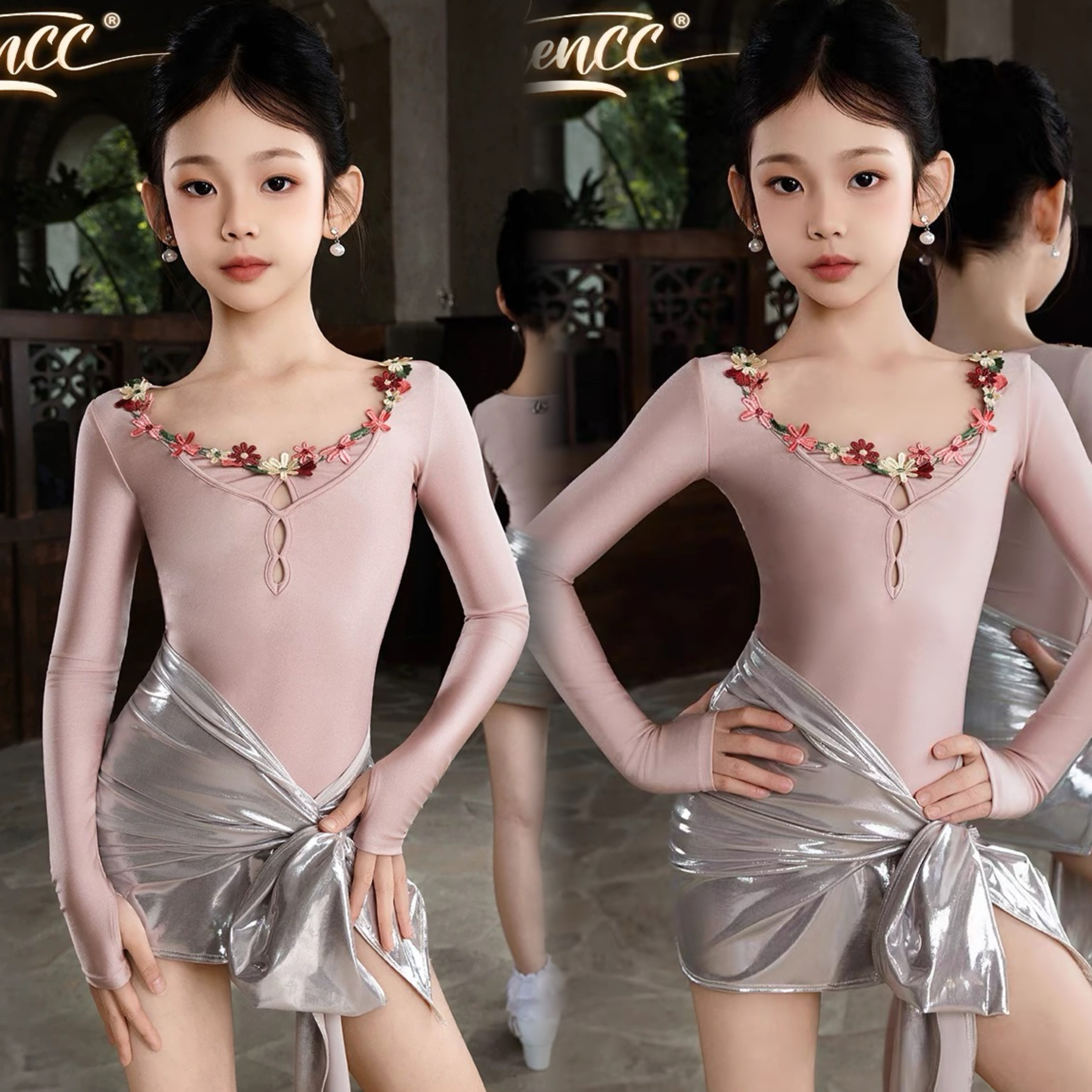 黄泳茵同款美辰少儿拉丁舞蹈服莫奈花园刺绣花银色臀巾套装女童