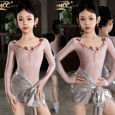 黄泳茵同款美辰少儿拉丁舞蹈服莫奈花园刺绣花银色臀巾套装女童