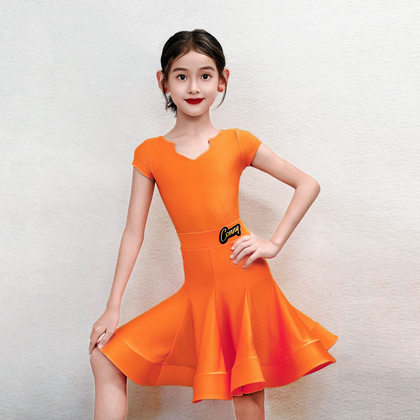 CONNY专业拉丁舞演出服女儿童荧光橘短袖比赛服标准舞蹈服鱼骨裙