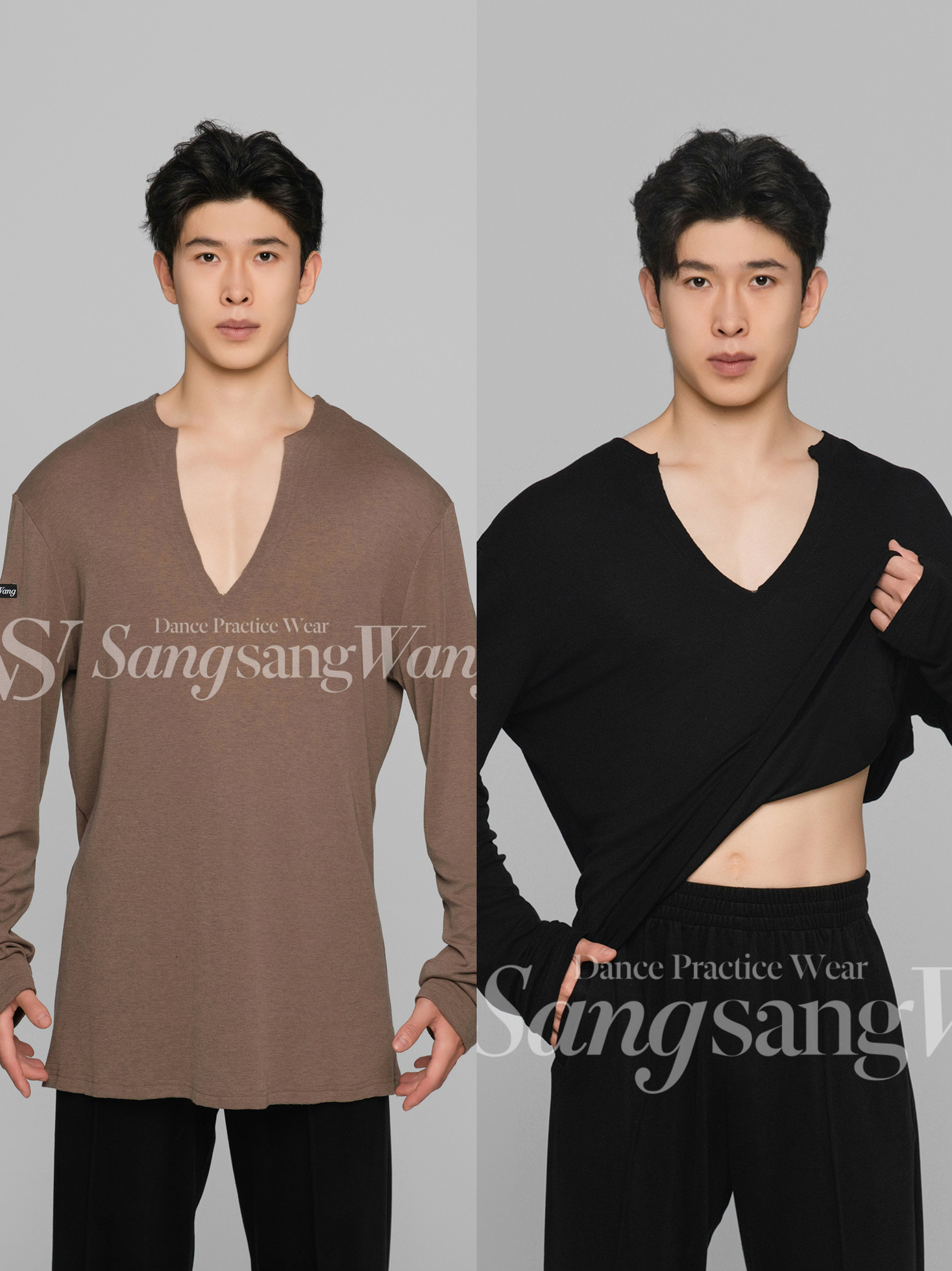 sswang拉丁舞男生帅气秋冬v领毛边上衣松紧腰裤子男裤男士练习服