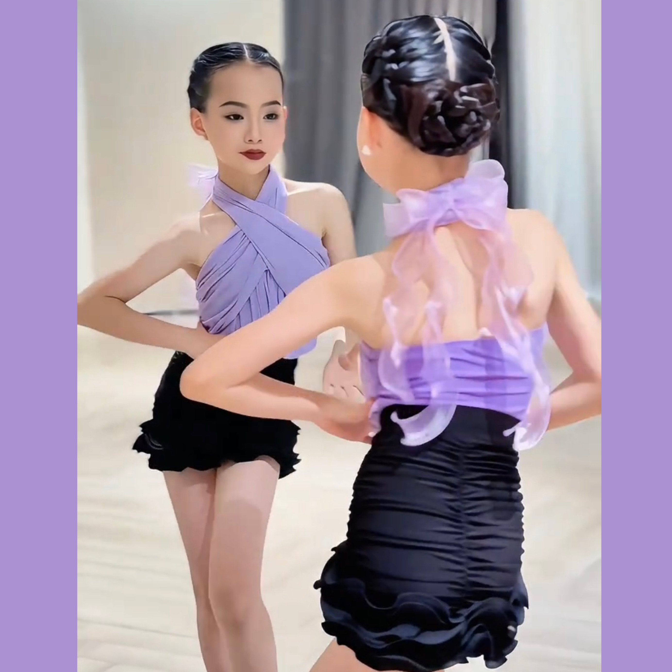 SQ舞服少儿拉丁舞清新紫色挂脖精致绑带包臀练习服表演服女童跳舞
