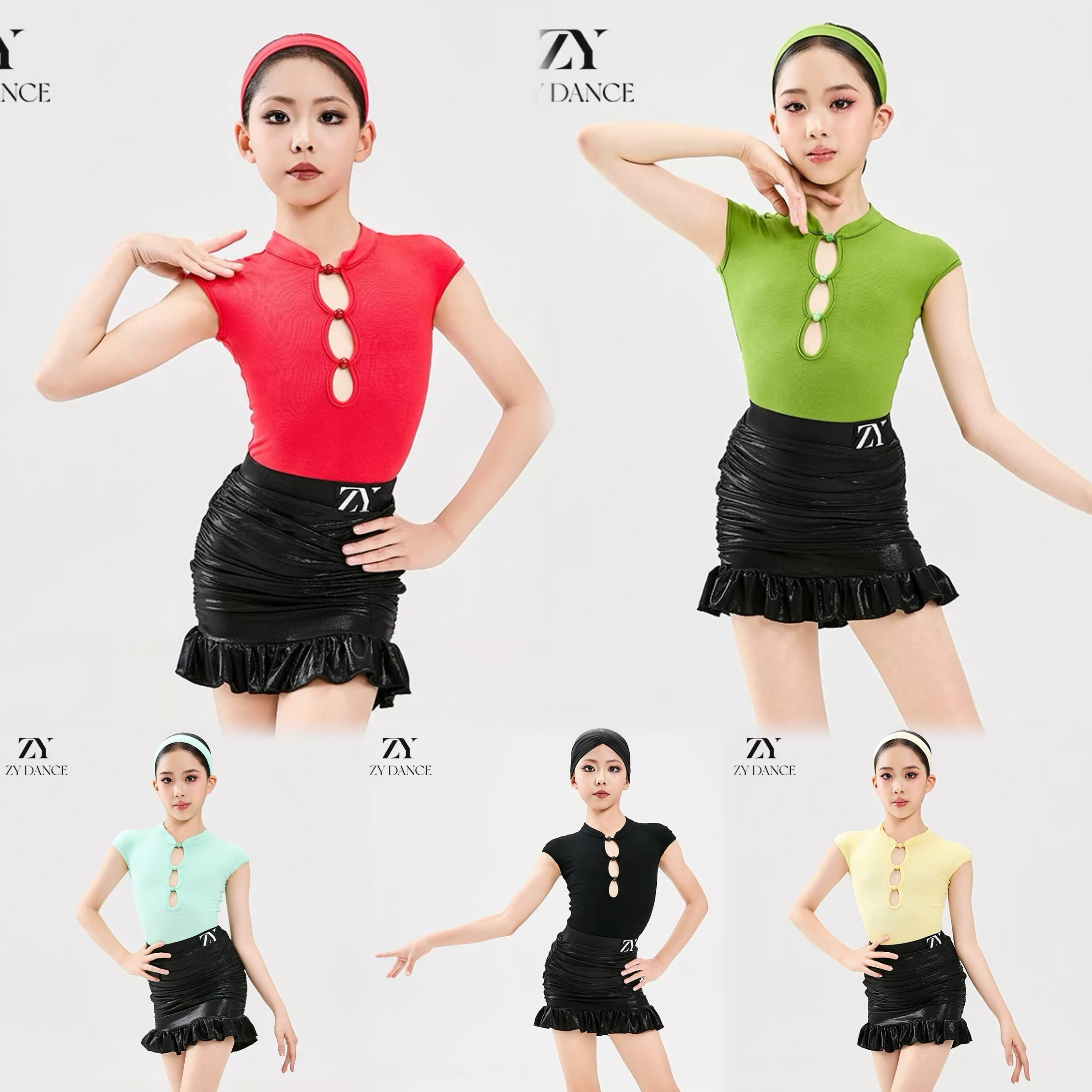ZYDANCE女童拉丁舞服夏季短袖分体套装少儿专业练功服比赛表演裙