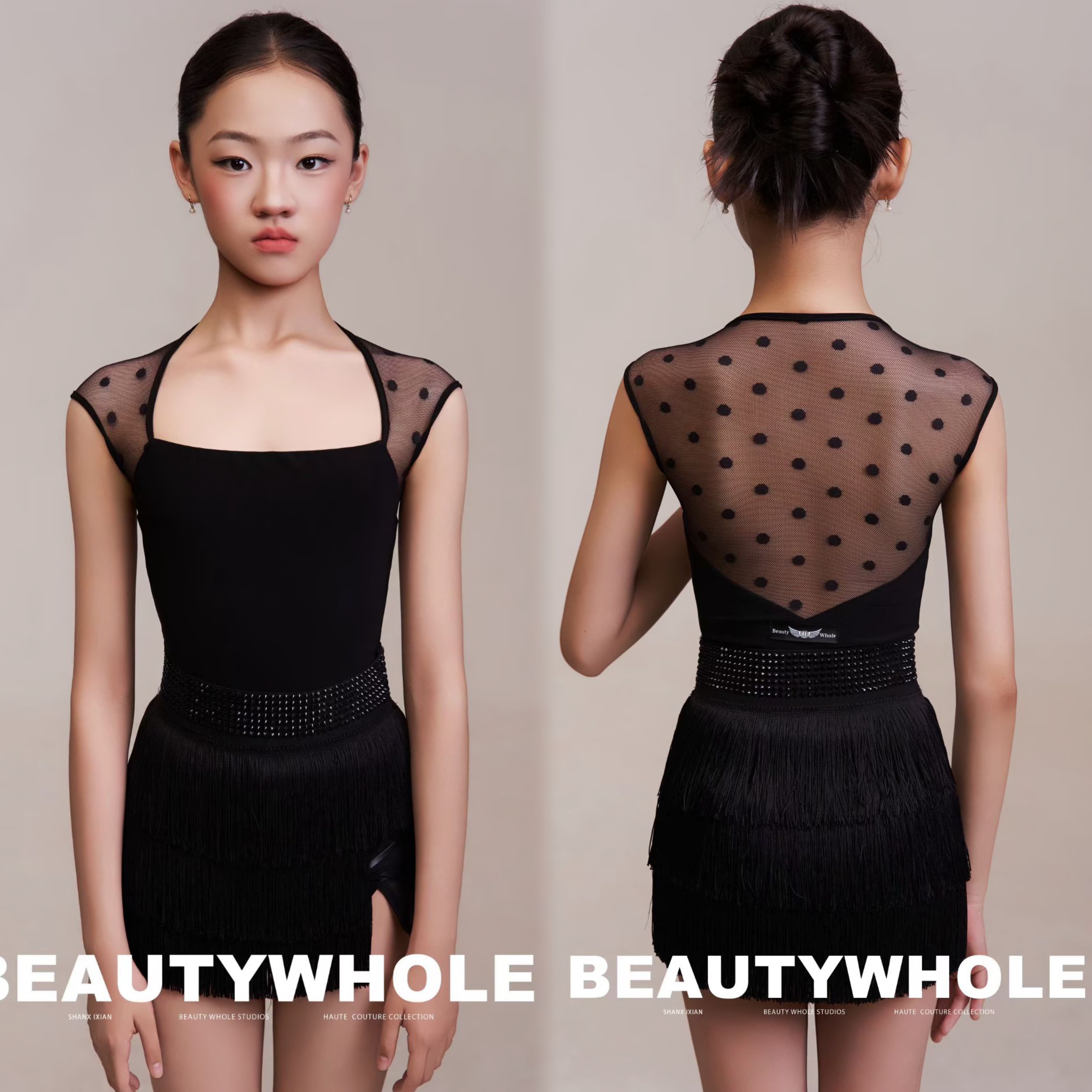 Beauty Whole舞服少儿拉丁舞方领网纱波点闪亮流苏半裙练习服女童