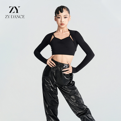 ZYDANCE冬新款少儿拉丁舞女童练习套装女长袖露脐上衣裤子舞蹈服